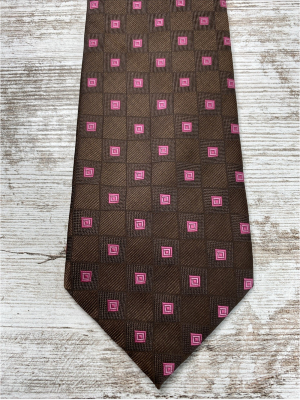 ODEL Brown Pink Geometric Squares Necktie 58x3.6 Jacquard Woven Polyester Modern